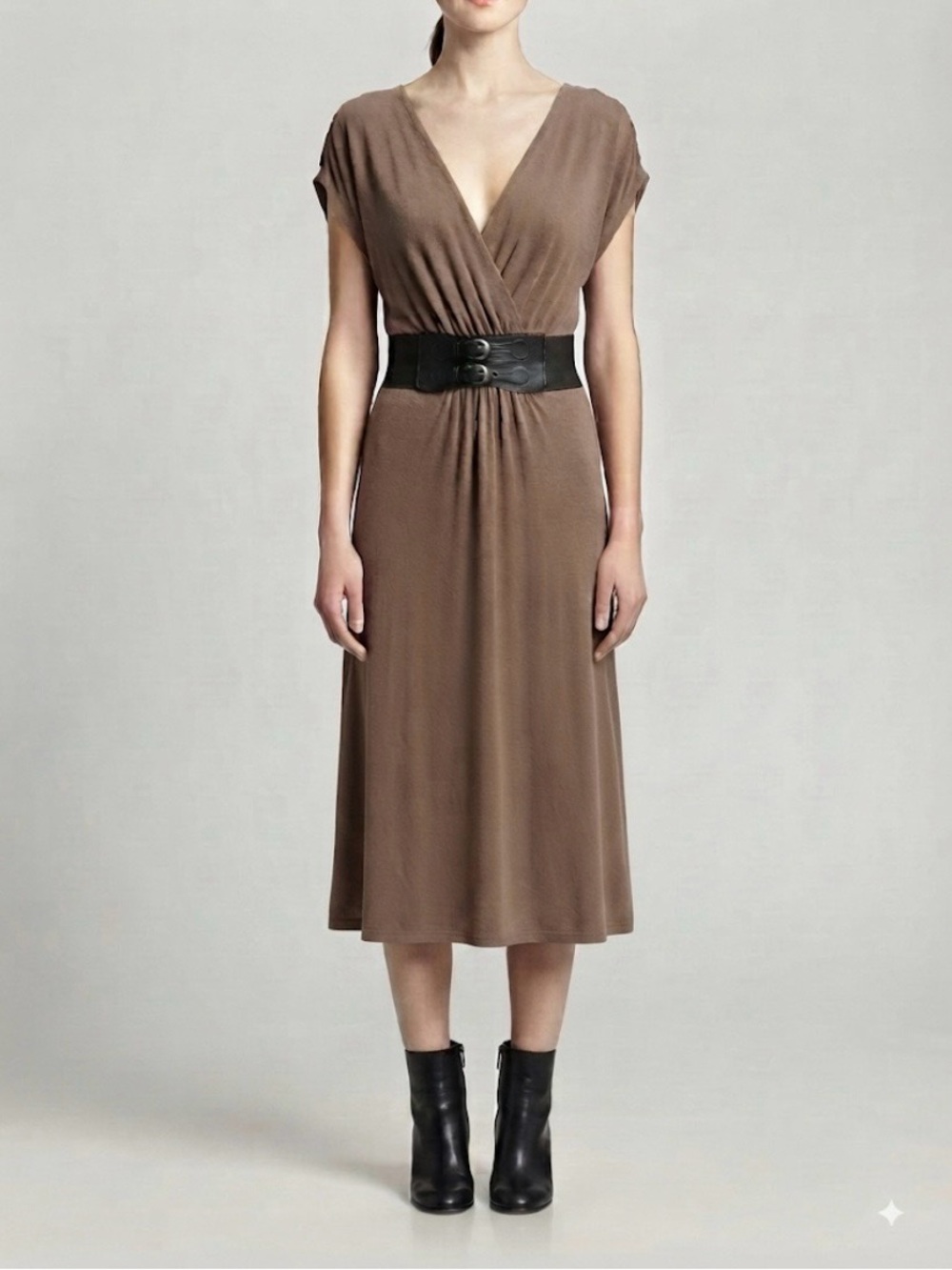 Love Delirious wide black buckled waist belt short draped sleeves deep v neck S